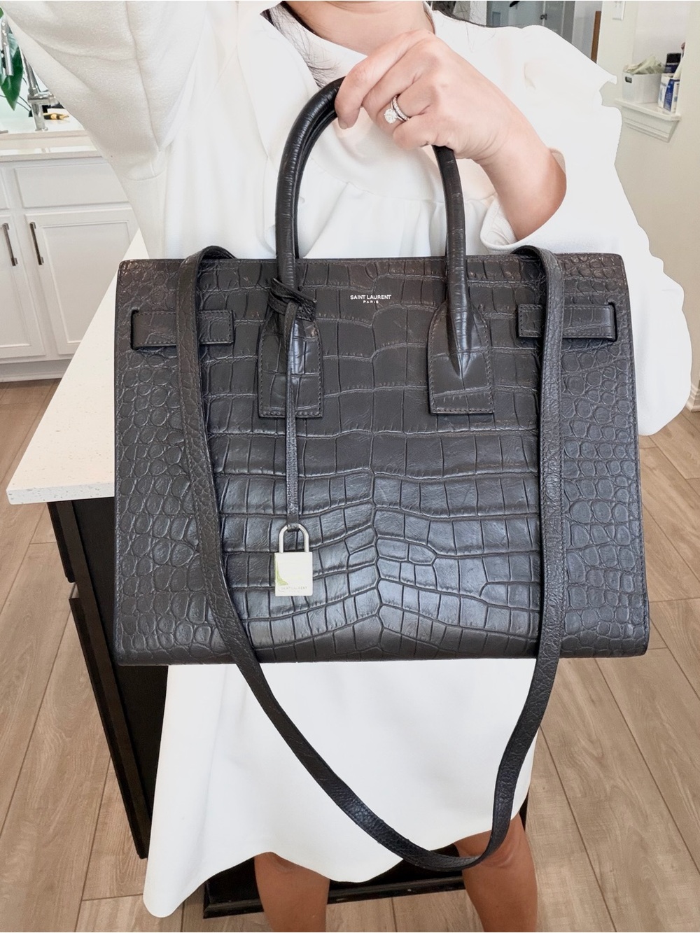 Auth SAINT LAURENT Small Sac De Jour Dark Grey Croc-Embossed Crossbody Satchel